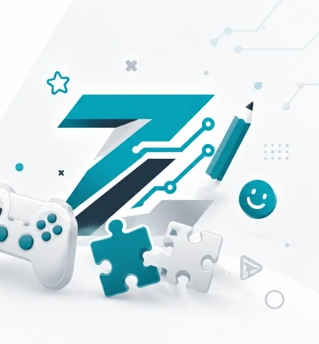 Illustration of Zerdly Interactive — a game controller, puzzle pieces and the Zerdly Z