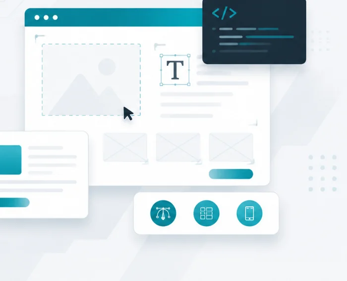 Illustration of a website design layout — a browser window, content blocks and design tools