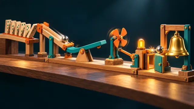 A wooden toy-lab pegboard with a teal ramp, a row of cream dominoes, an orange seesaw and a brass bell at the end of the chain.
