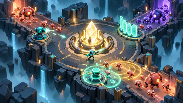 A glowing gold crystal core on a platform in a teal sci-fi quarry, with lanes leading in from gates and small defence gadgets on hexagonal pads.