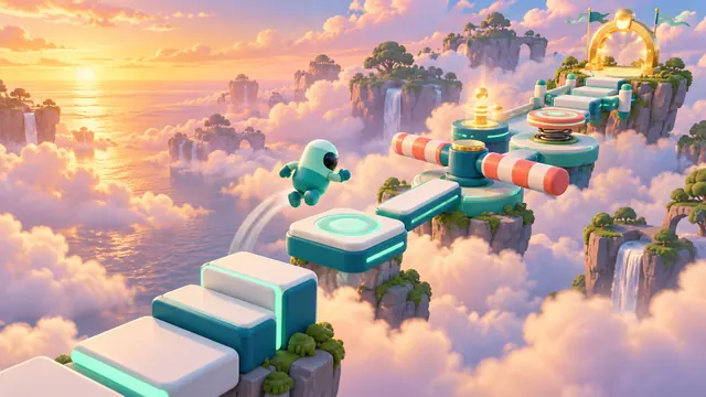 A small mint robot runner leaping between floating platforms over a sky of clouds, with a finish arch in the distance.