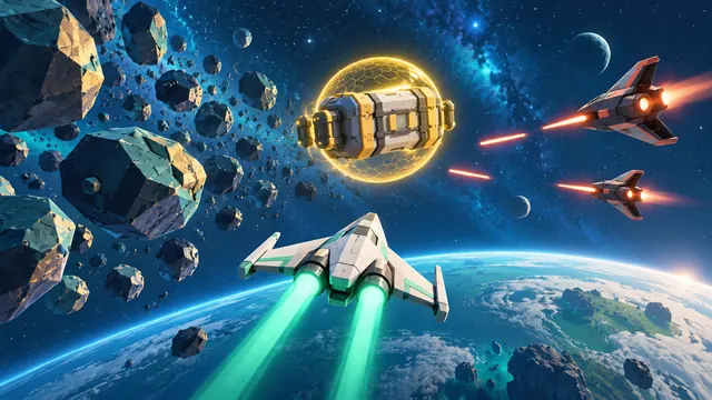 A small mint-and-white starfighter flying over a blue planet arc past faceted asteroids, with a gold cargo pod and its shield ring ahead.