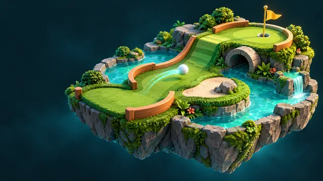 A small green mini-golf hole on a wooden tabletop island, with a ramp, a rail, a sand patch, a cup and a flag.