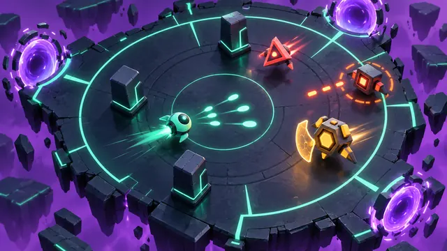 A mint runner in a neon violet arena firing bright shots at orange-outlined enemies of different shapes, with glowing rift gates at the edges.