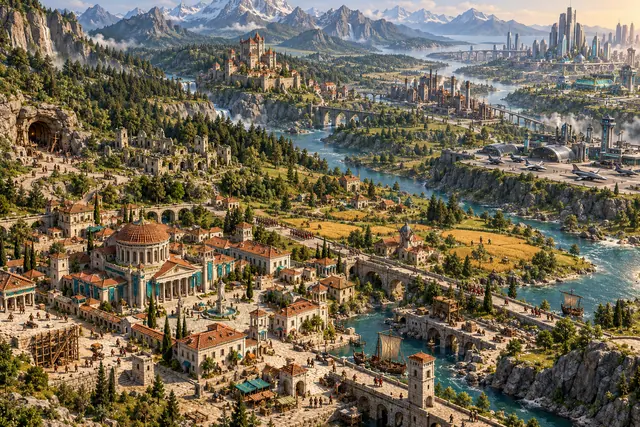 Concept art of a growing settlement in a green valley, with older stone buildings in the foreground and modern towers on the horizon.