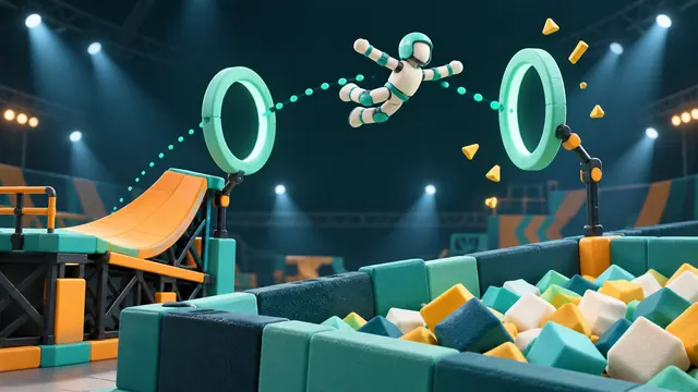 A side view of a padded stunt park: a test dummy flying from a launcher through two gold hoops toward a yellow foam landing pad.