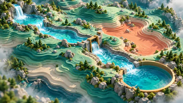 A terraced sandy basin seen from above at an angle, with a spring on the high left, a channel through the middle and a gold-rimmed target pond at the low right filling with blue water.