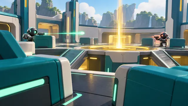A first-person view across a teal sci-fi training arena with cover blocks, an amber beacon ring and a small robot across the gap.