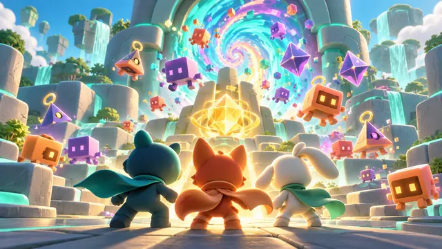 ZerdMan: Glitchwave key art: the three Zerdly heroes in front of a colourful Glitch portal.