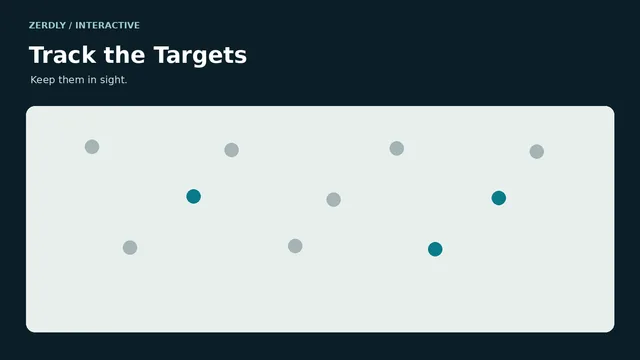 A dark arena with identical round discs; three are circled in gold as targets.